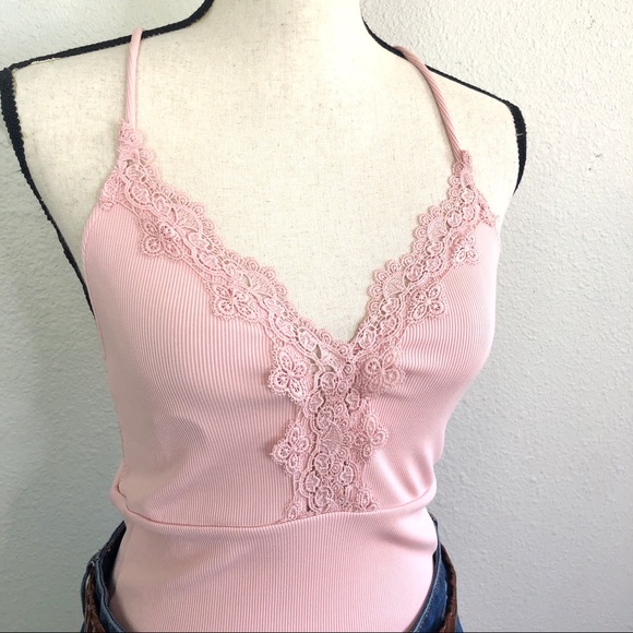 Topshop (8) Blush Pink Lace Trim Bodysuit - Picture 2 of 7